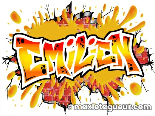 Graffiti prénom Émilien jaune et orange – lettrage graffiti – style 3 – Max Le Tagueur