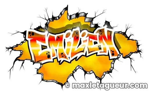 Graffiti prénom Émilien jaune et orange – lettrage graffiti – Max Le Tagueur – 2018