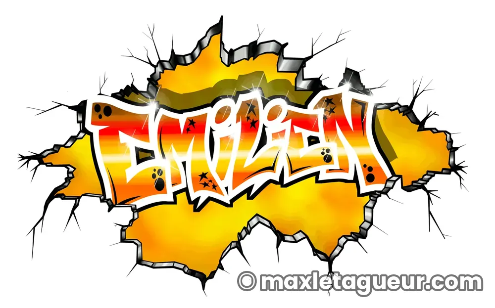 Graffiti prénom Émilien jaune et orange – lettrage graffiti – Max Le Tagueur – 2018