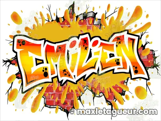Graffiti prénom Émilien jaune et orange – graffiti personnalisé en situation – style 4 – Max Le Tagueur