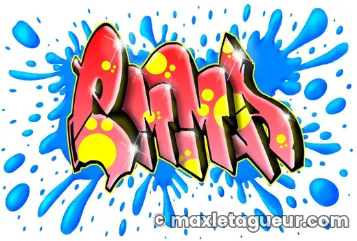 Graffiti prénom Emma bleu et rouge – graffiti personnalisé en situation – style 6 – Max Le Tagueur