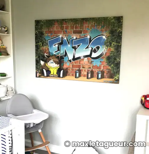 Graffiti prénom Enzo gris et jaune – tableau graffiti sur toile – style 10 – Max Le Tagueur