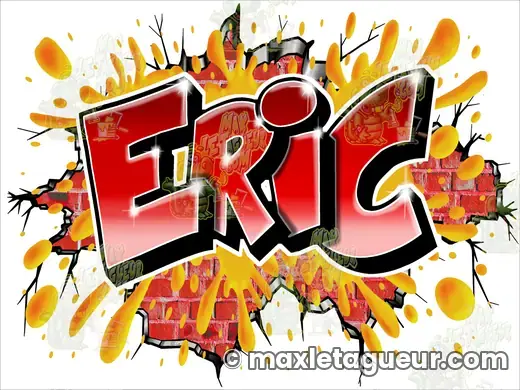 Graffiti prénom Éric rouge et jaune – graffiti personnalisé en situation – style 7 – Max Le Tagueur