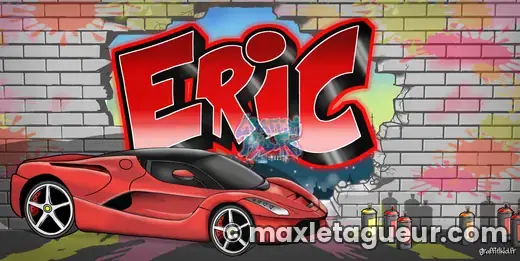 Graffiti prénom Éric gris et rouge – graffiti personnalisé en situation – style 6 – Max Le Tagueur – 2018