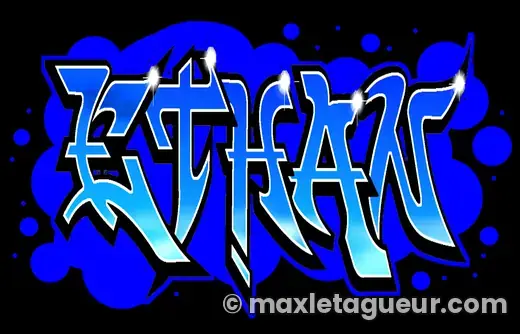 Graffiti prénom Ethan noir et bleu – lettrage graffiti – style 2 – Max Le Tagueur – 2019