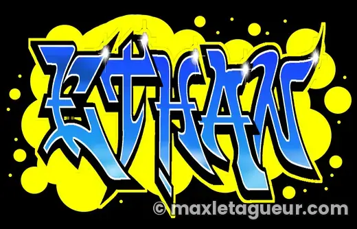 Graffiti prénom Ethan noir et jaune – lettrage graffiti – style 3 – Max Le Tagueur – 2019