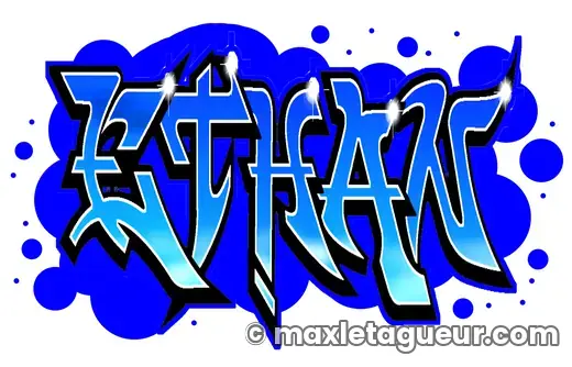 Graffiti prénom Ethan bleu et noir – lettrage graffiti – style 4 – Max Le Tagueur – 2019
