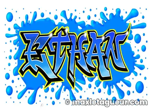 Graffiti prénom Ethan bleu et turquoise – lettrage graffiti – style 8 – Max Le Tagueur