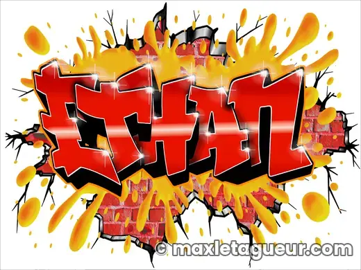 Graffiti prénom Ethan rouge et jaune – lettrage graffiti – style 9 – Max Le Tagueur