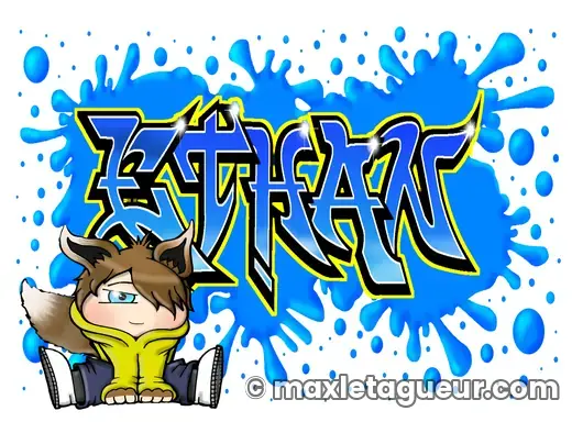 Graffiti prénom Ethan bleu et turquoise – lettrage graffiti – Max Le Tagueur