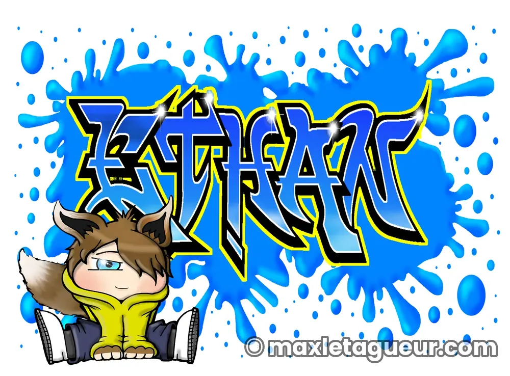 Graffiti prénom Ethan bleu et turquoise – lettrage graffiti – Max Le Tagueur