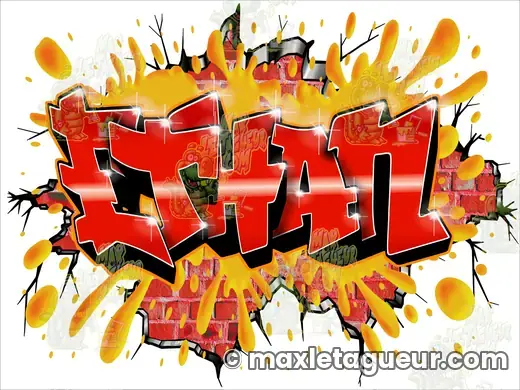 Graffiti prénom Ethan rouge et jaune – graffiti personnalisé en situation – style 10 – Max Le Tagueur