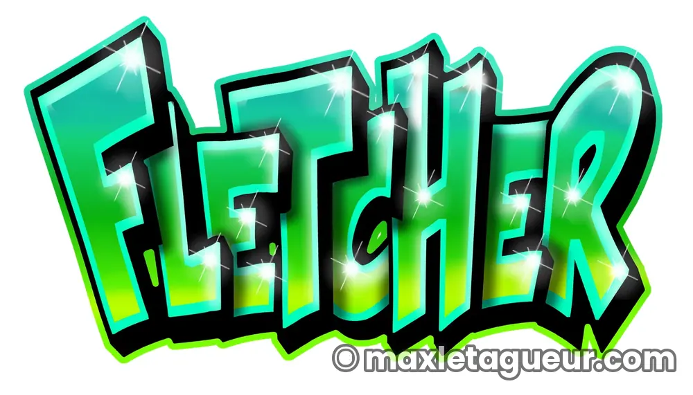 Graffiti prénom Fletcher vert et turquoise – lettrage graffiti – Max Le Tagueur – 2020