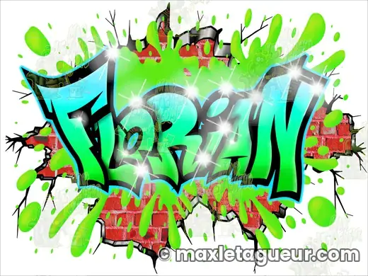 Graffiti prénom Florian vert et turquoise – graffiti personnalisé en situation – style 7 – Max Le Tagueur