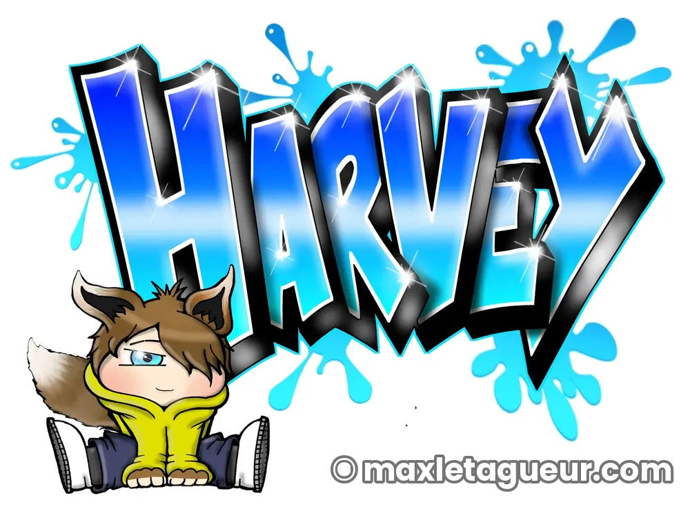 Graffiti prénom Harvey turquoise et bleu – lettrage graffiti – Max Le Tagueur