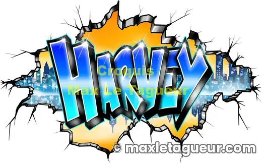 Graffiti prénom Harvey gris et bleu – graffiti personnalisé en situation – style 3 – Max Le Tagueur – 2019