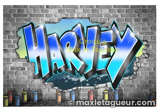 Graffiti prénom Harvey gris et bleu – graffiti personnalisé en situation – style 4 – Max Le Tagueur