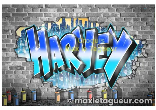 Graffiti prénom Harvey gris et bleu – graffiti personnalisé en situation – style 2 – Max Le Tagueur