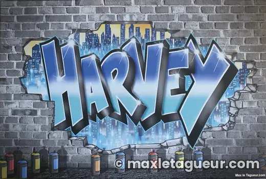 Graffiti prénom Harvey gris et bleu – tableau graffiti sur toile – style 6 – Max Le Tagueur