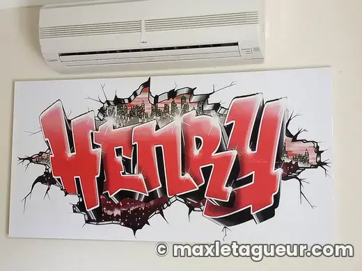 Graffiti prénom Henry gris et rouge – tableau graffiti sur toile – style 4 – Max Le Tagueur