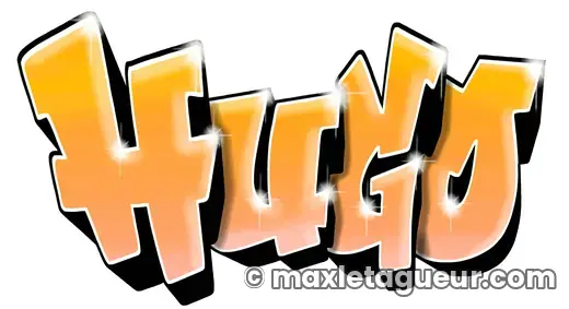 Graffiti prénom Hugo orange et noir – lettrage graffiti – style 10 – Max Le Tagueur