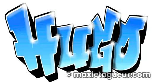 Graffiti prénom Hugo bleu et turquoise – lettrage graffiti – style 11 – Max Le Tagueur