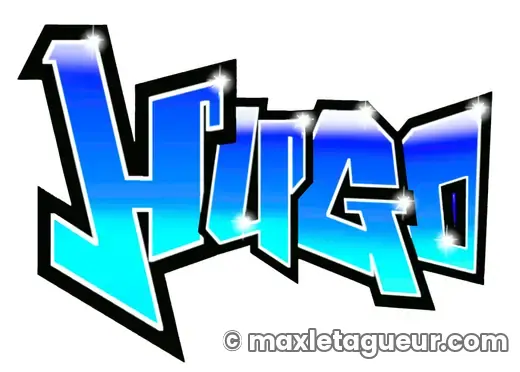 Graffiti prénom Hugo bleu et noir – lettrage graffiti – style 12 – Max Le Tagueur – 2017
