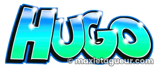 Graffiti prénom Hugo turquoise et bleu – lettrage graffiti – style 3 – Max Le Tagueur