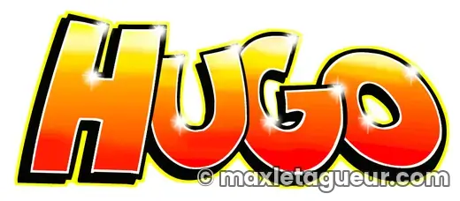 Graffiti prénom Hugo jaune et orange – lettrage graffiti – style 4 – Max Le Tagueur