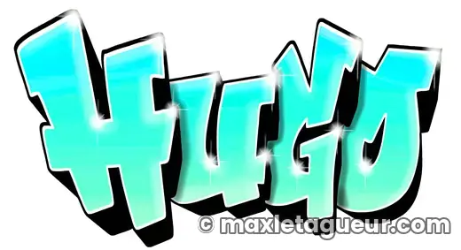 Graffiti prénom Hugo turquoise et noir – lettrage graffiti – style 5 – Max Le Tagueur