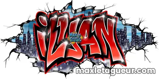 Graffiti prénom Ilyan gris et rouge – graffiti personnalisé en situation – style 2 – Max Le Tagueur