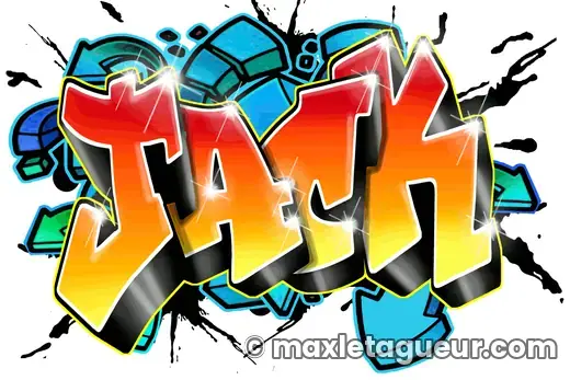Graffiti prénom Jack orange et turquoise – lettrage graffiti – style 6 – Max Le Tagueur – 2018