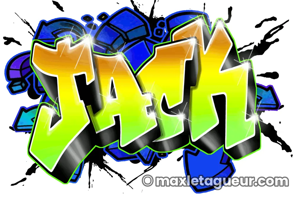 Graffiti prénom Jack vert et bleu – lettrage graffiti – Max Le Tagueur