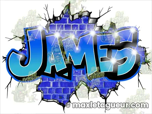 Graffiti prénom James bleu et gris – graffiti personnalisé en situation – style 2 – Max Le Tagueur – 2022