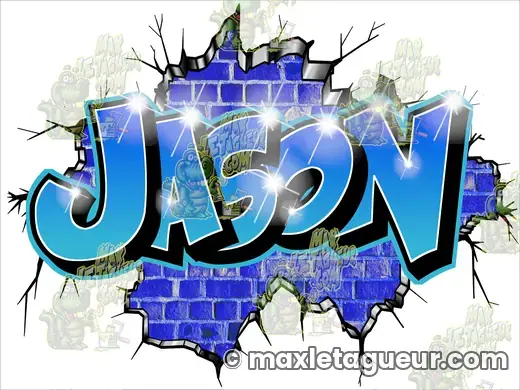 Graffiti prénom Jason bleu et gris – graffiti personnalisé en situation – style 3 – Max Le Tagueur – 2022