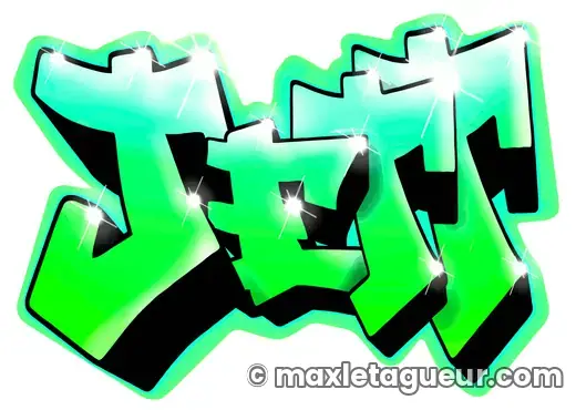 Graffiti prénom Jett vert et turquoise – lettrage graffiti – style 3 – Max Le Tagueur – 2018