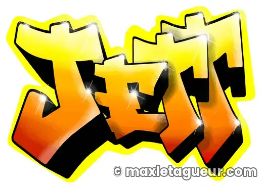 Graffiti prénom Jett jaune et orange – lettrage graffiti – style 4 – Max Le Tagueur – 2018