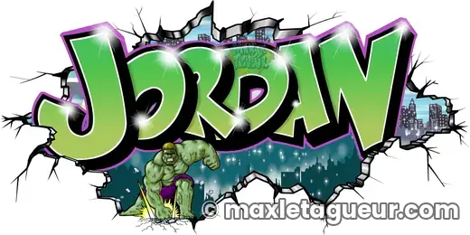 Graffiti prénom Jordan vert et gris – graffiti personnalisé en situation – style 9 – Max Le Tagueur – 2022