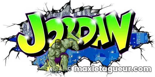 Graffiti prénom Jordan vert et gris – graffiti personnalisé en situation – style 8 – Max Le Tagueur – 2022