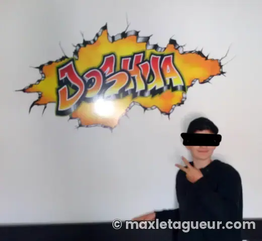Graffiti prénom Joshua gris et noir – graffiti personnalisé en situation – style 8 – Max Le Tagueur