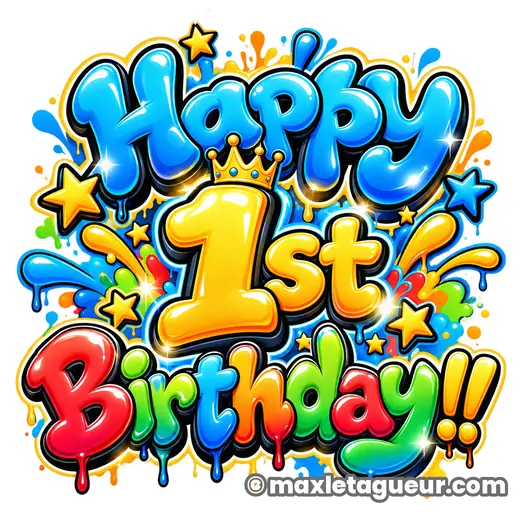 Graffiti Joyeux anniversaire 1 an bleu et jaune – lettrage graffiti – Max Le Tagueur – 2026