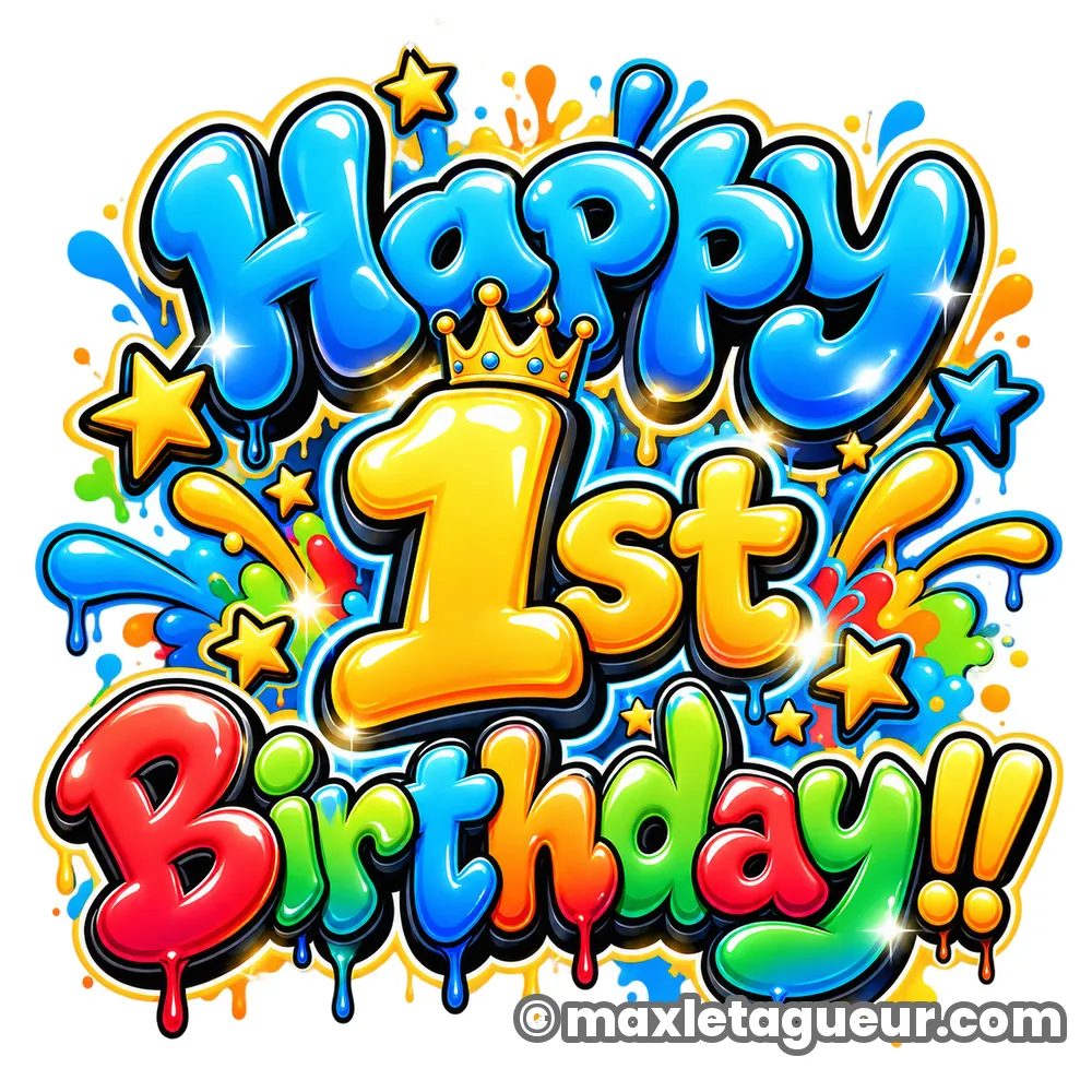 Graffiti Joyeux anniversaire 1 an bleu et jaune – lettrage graffiti – Max Le Tagueur – 2026