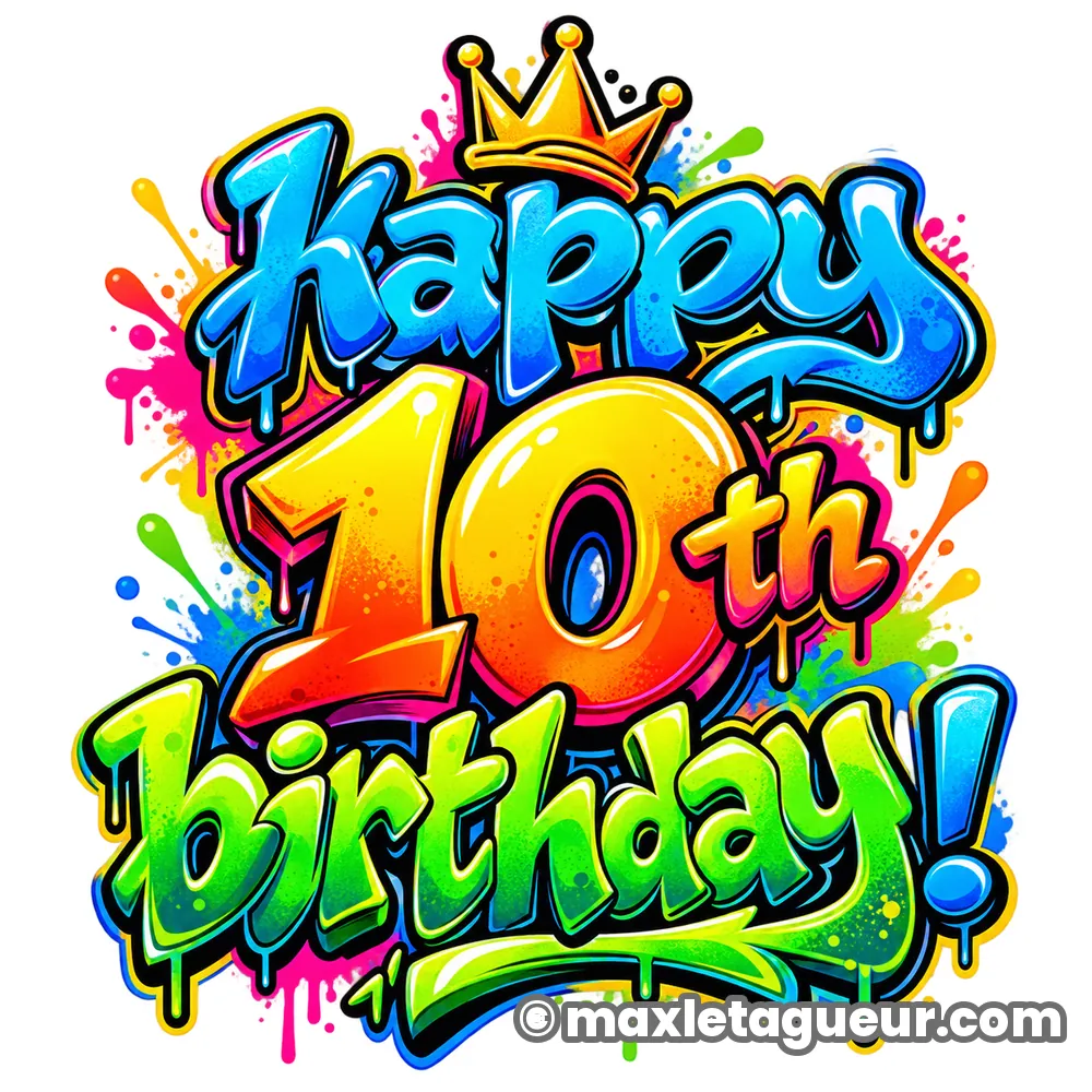 Graffiti Joyeux anniversaire 10 ans orange et bleu – lettrage graffiti – Max Le Tagueur – 2026