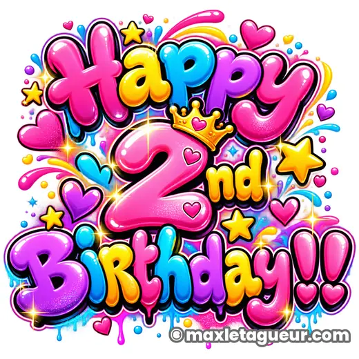 Graffiti Joyeux anniversaire 2 ans rose et violet – lettrage graffiti – style 2 – Max Le Tagueur – 2026