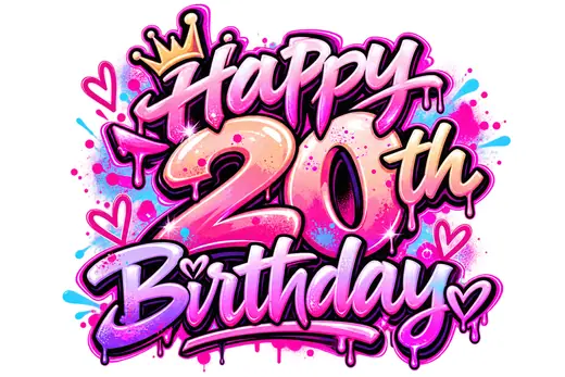 Graffiti Joyeux anniversaire 20 ans rose et violet – lettrage graffiti – style 2 – Max Le Tagueur – 2026