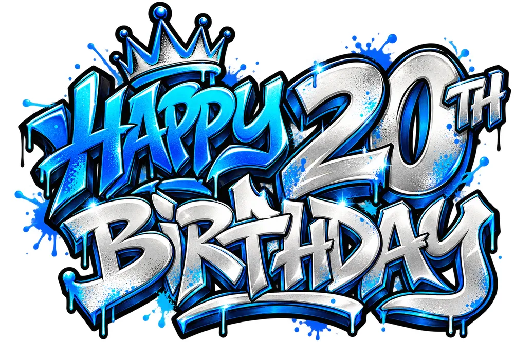 Graffiti Joyeux anniversaire 20 ans bleu et turquoise – lettrage graffiti – Max Le Tagueur – 2026
