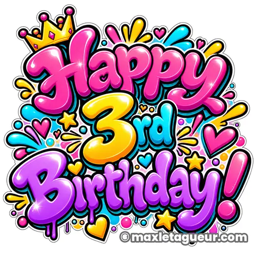 Graffiti Joyeux anniversaire 3 ans rose et violet – lettrage graffiti – style 2 – Max Le Tagueur – 2026