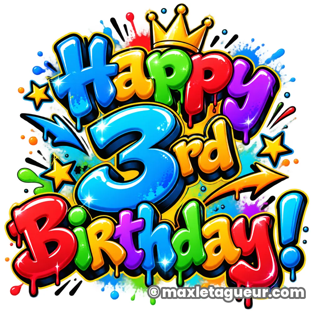 Graffiti Joyeux anniversaire 3 ans bleu et rouge – lettrage graffiti – Max Le Tagueur – 2026
