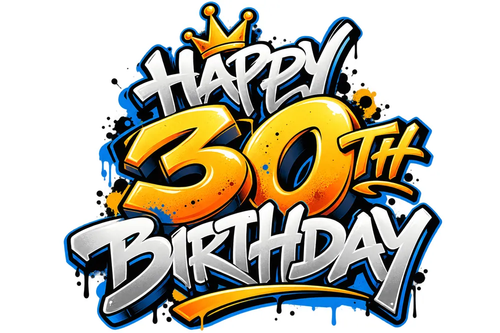 Graffiti Joyeux anniversaire 30 ans bleu et jaune – lettrage graffiti – Max Le Tagueur – 2026