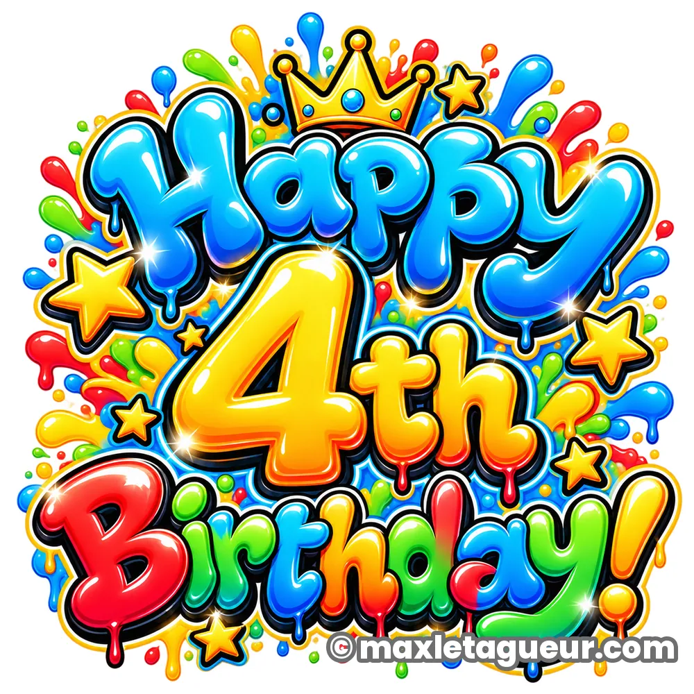 Graffiti Joyeux anniversaire 4 ans bleu et jaune – lettrage graffiti – Max Le Tagueur – 2026